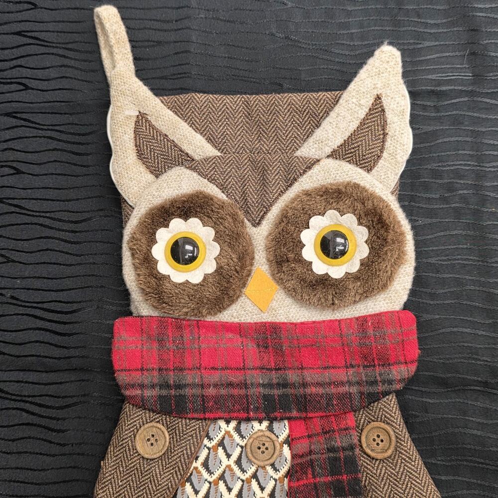 Owl Christmas Stocking Plush Fabric Holiday Decor Red Plaid Scarf 19"